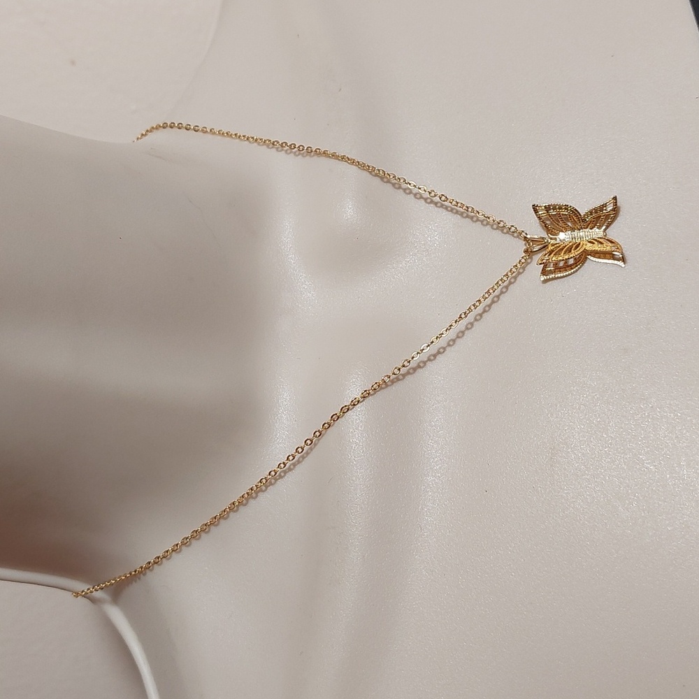 Dainty 3D Filigree Butterfly Pendant High Gloss Gold Tone Necklace - Picture 2 of 9